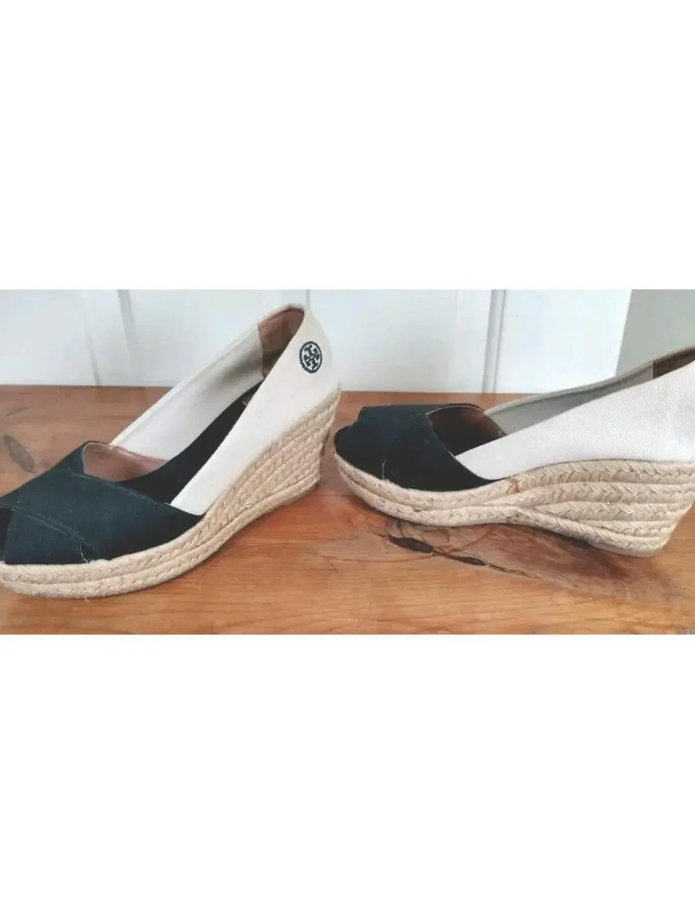 Tory Burch Dory Canvas Espadrille Wedge Sandals Black Cream Peep Toe Spain 8.5 B